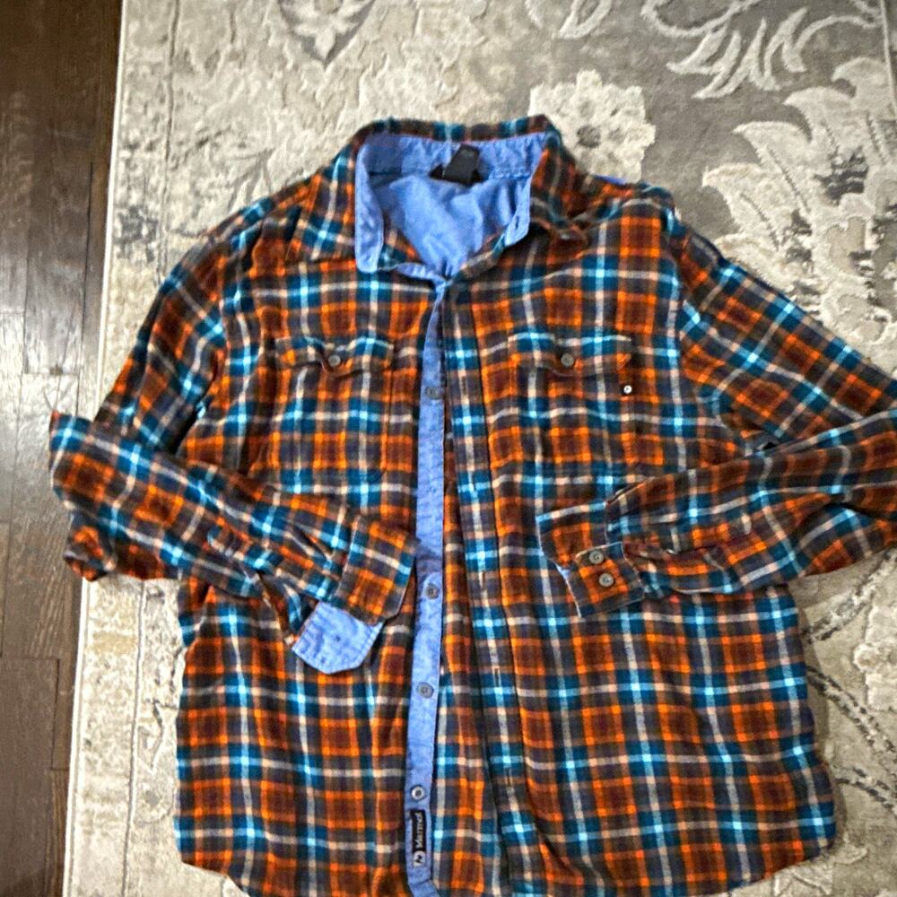 Marmot Men's Orange Blue Plaid Long Sleeve Point Collar Button-Up Pockets XL